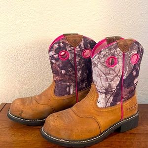 Ariat Fat Boy Steel Toy Boots - Brown Leather and Pink & Camouflage Canvas Boots